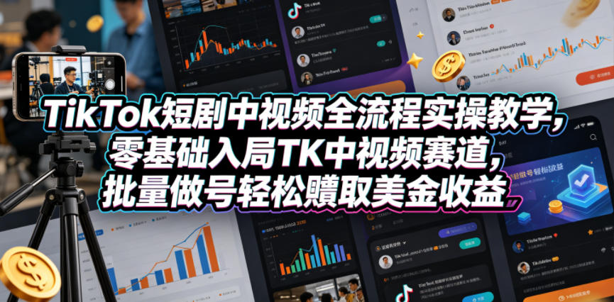 TikTok短剧中视频全流程实操教学,零基础入局TK中视频赛道,批量做号轻松賺取美金收益-丁七哥资源站