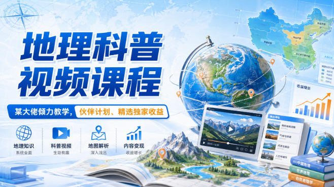 地理科普视频课程，某大佬倾力教学，伙伴计划、精选独家收益-丁七哥资源站