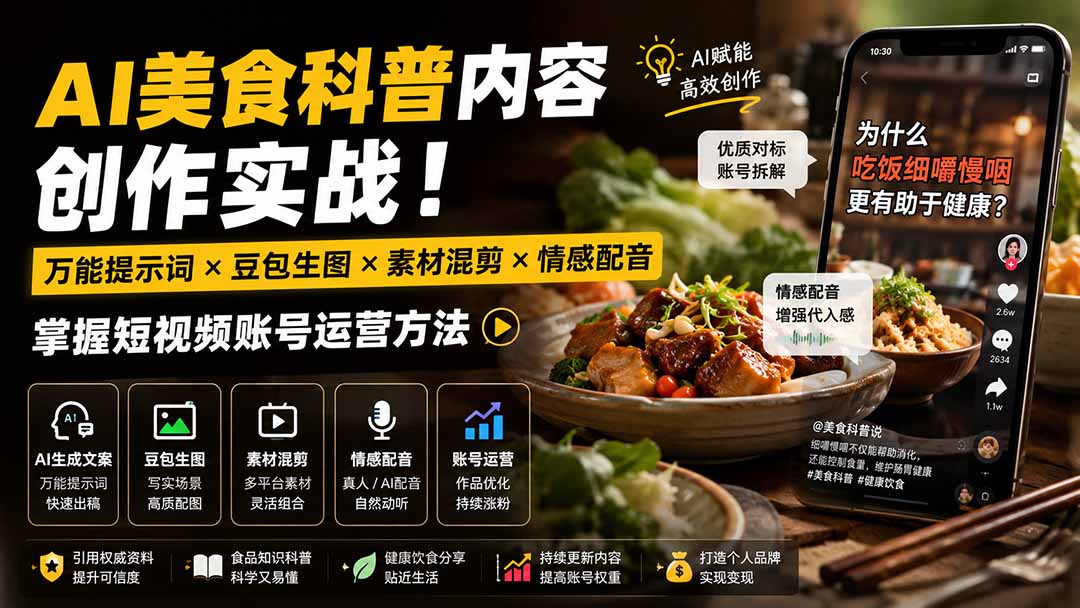 外面卖199元-AI美食科普内容创作实战！万能提示词×豆包生图×素材混剪×情感配音，掌握短视频账号运营方法-丁七哥资源站