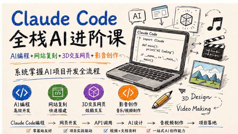 Claude Code全栈AI进阶课；AI编程+网站复刻+3D交互网页+影音创作，系统掌握AI项目开发全流程-丁七哥资源站