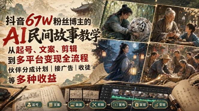 抖音67W粉丝博主的AI民间故事教学，从起号、文案、剪辑到多平台变现全流程，伙伴分成计划接广告等多种收益，月入1W+-丁七哥资源站