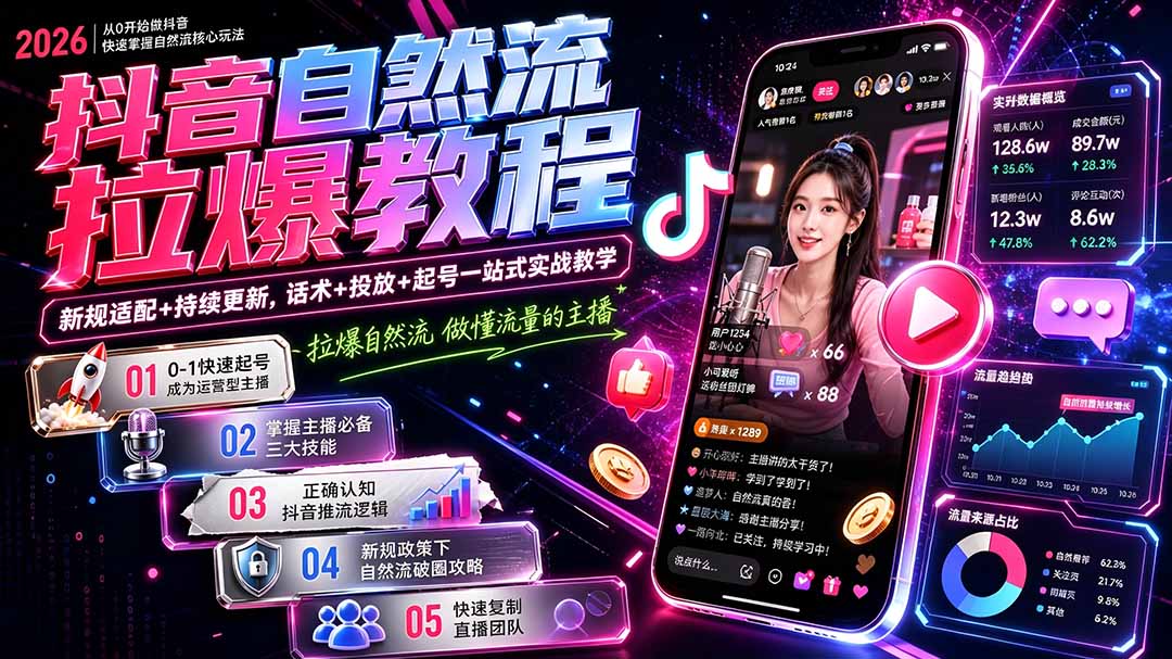 抖音自然流拉爆教程-更新8月：做懂流量的主播，新规适配+持续更新，话术+投放+起号一站式实战教学-丁七哥资源站