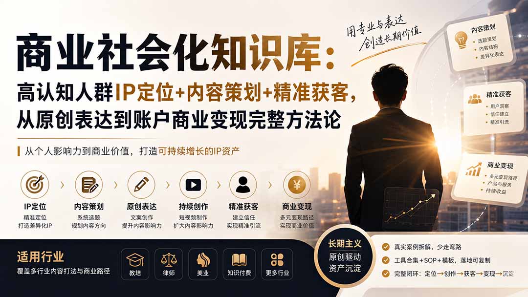 商业社会化知识库：高认知人群IP定位+内容策划+精准获客，从原创表达到账户商业变现完整方法论-丁七哥资源站