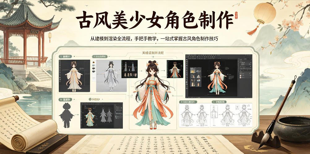古风美少女角色制作,从建模到渲染全流程,手把手教学,一站式掌握古风角色制作技巧-丁七哥资源站