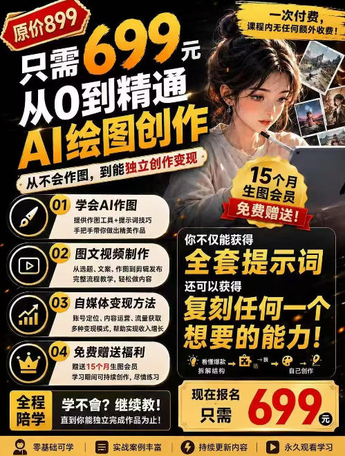 抖音10W粉丝博主的AI绘图教学，从0到精通AI绘图创作，从不会作图到能独立创作变现-丁七哥资源站