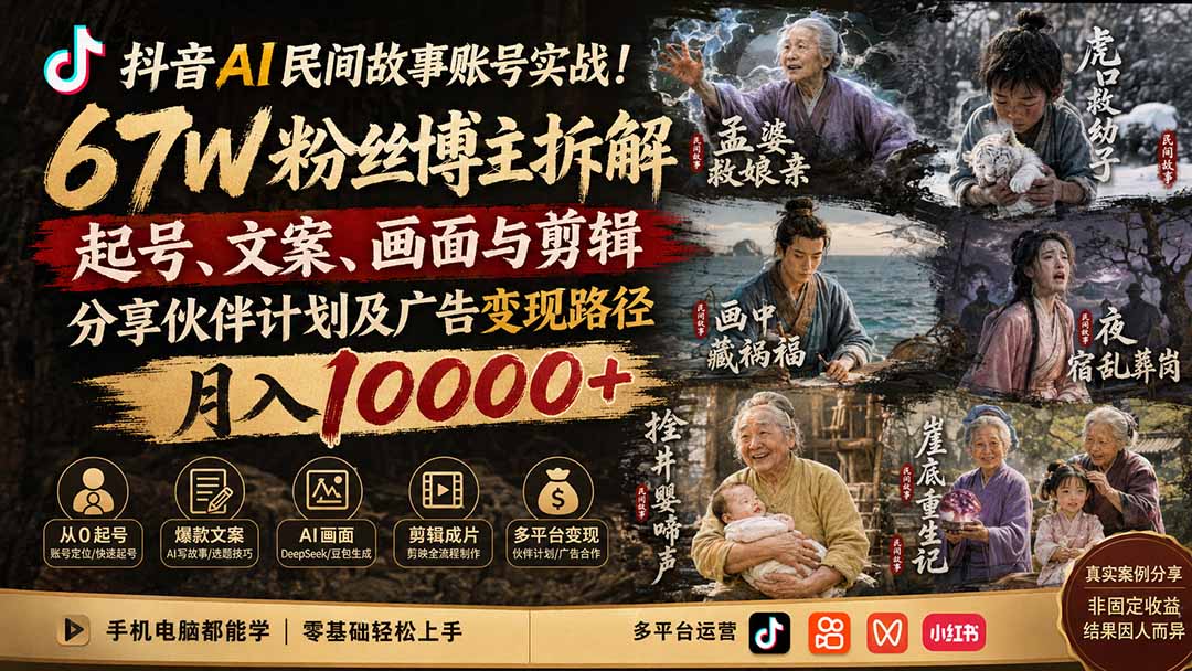 抖音AI民间故事账号实战！67W粉丝博主拆解起号、文案、画面与剪辑，分享伙伴计划及广告变现路径，月入10000+-丁七哥资源站