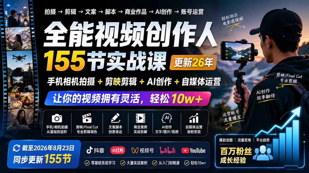 全能视频创作人155节实战课-更新26年8月：手机相机拍摄+剪映剪辑+AI创作+自媒体运营，让你的视频拥有灵活，轻松10w-丁七哥资源站