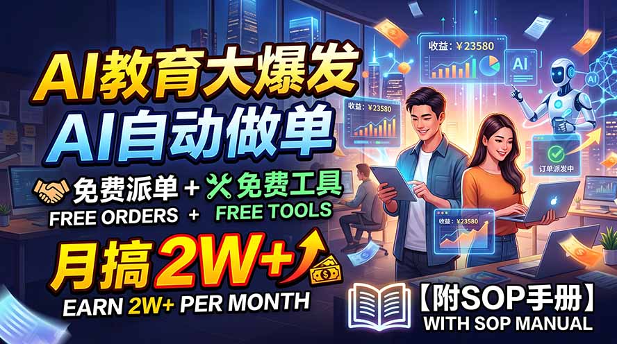 AI教育大爆发，AI自动做单，免费派单+免费工具，月搞2W+【附SOP手册】-丁七哥资源站