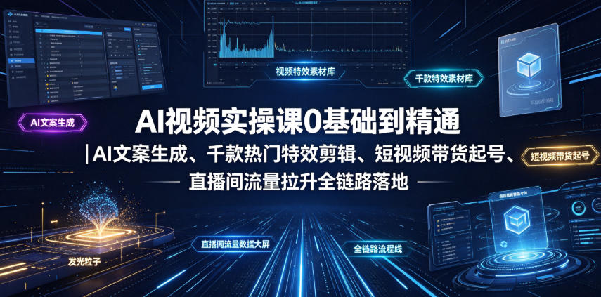 AI视频实操课0基础到精通｜AI文案生成、千款热门特效剪辑、短视频带货起号、直播间流量拉升全链路落地-丁七哥资源站
