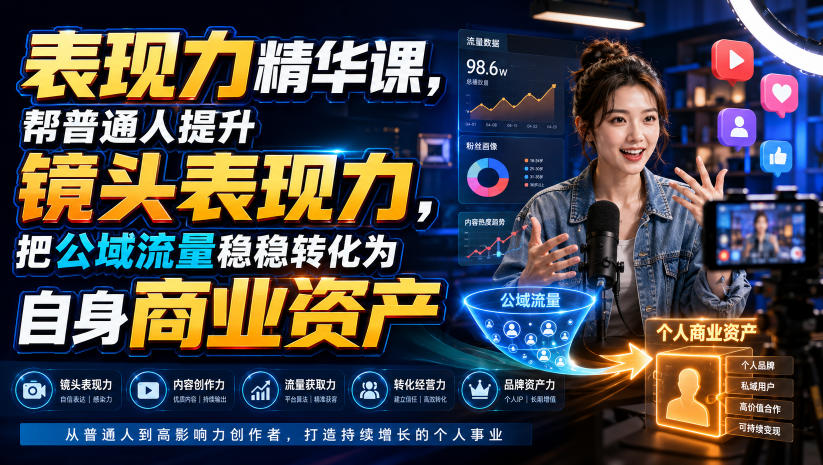 表现力精华课，帮普通人提升镜头表现力，把公域流量稳稳转化为自身商业资产-丁七哥资源站