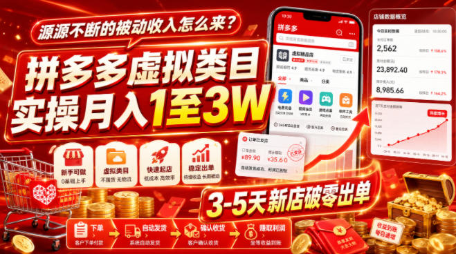 源源不断的被动收入怎么来？拼多多虚拟类目实操月入1至3W，3-5天新店破零出单-丁七哥资源站