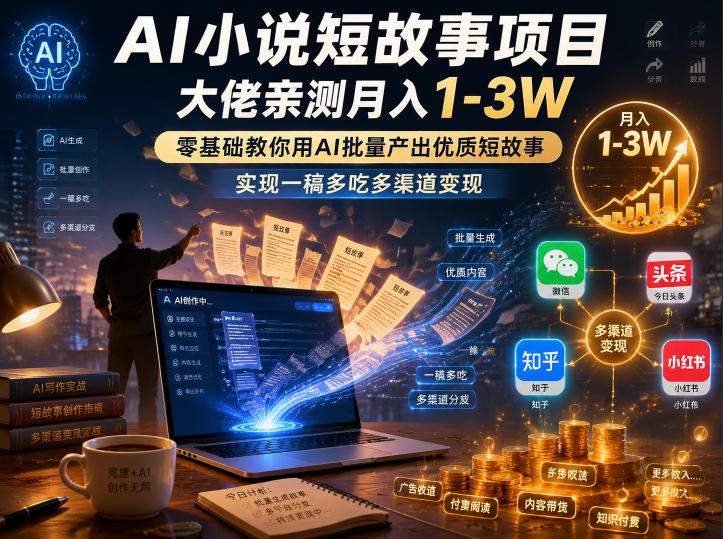 AI小说短故事项目，大佬亲测月入1-3W，零基础教你用AI批量产出优质短故事，实现一稿多吃多渠道变现(更新0824)-丁七哥资源站