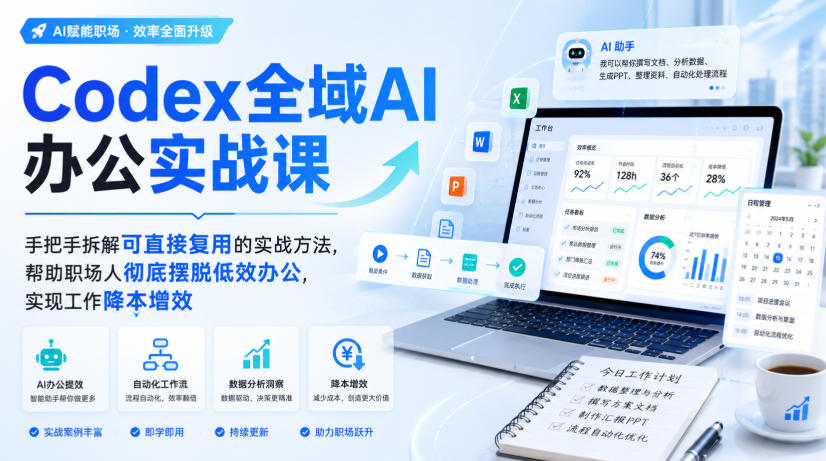Codex全域AI办公实战课，手把手拆解可直接复用的实战方法，帮助职场人彻底摆脱低效办公，实现工作降本增效-丁七哥资源站