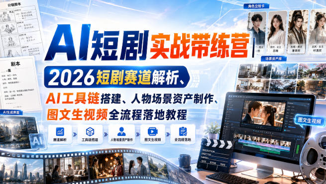 AI短剧实战带练营｜2026短剧赛道解析、AI工具链搭建、人物场景资产制作、图文生视频全流程落地教程-丁七哥资源站