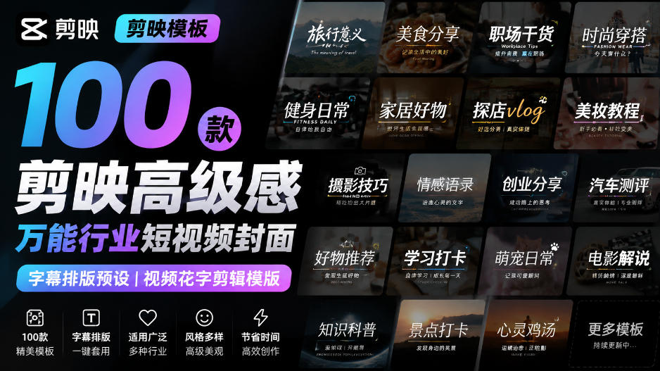 【剪映模板】100款剪映高级感万能行业短视频封面字幕排版预设视频花字剪辑模版-丁七哥资源站