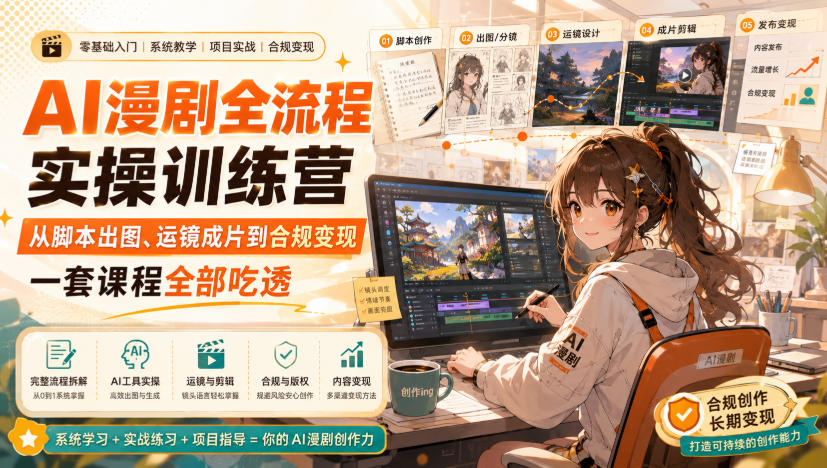AI漫剧全流程实操训练营，从脚本出图、运镜成片到合规变现，一套课程全部吃透-丁七哥资源站