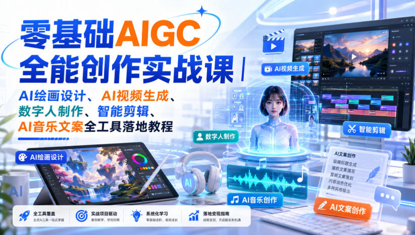 零基础AIGC全能创作实战课｜AI绘画设计、AI视频生成、数字人制作、智能剪辑、AI音乐文案全工具落地教程-丁七哥资源站
