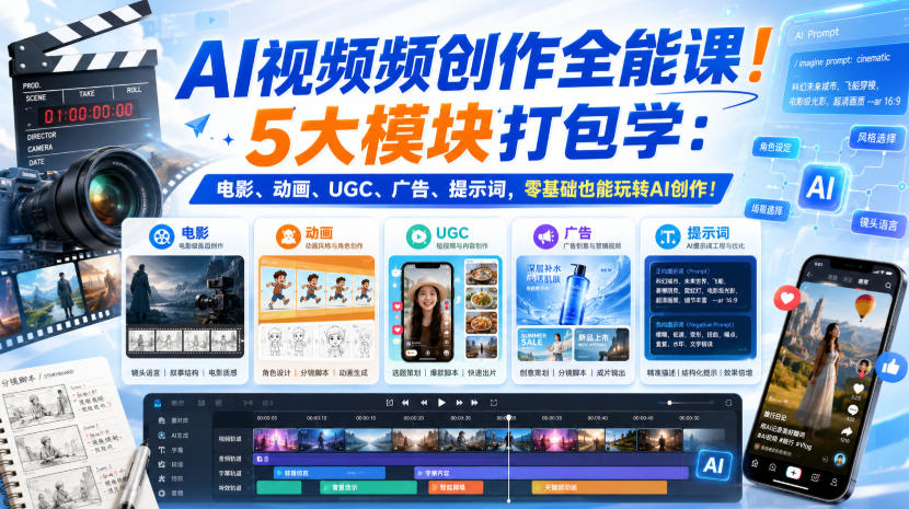 AI视频频创作全能课！5大模块打包学：电影、动画、UGC、广告、提示词，零基础也能玩转AI创作！【原创双语字幕】-丁七哥资源站