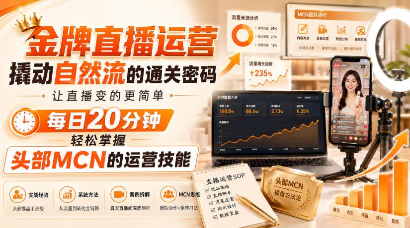 金牌直播运营撬动自然流的通关密码，让直播变的更简单，每日20分钟，轻松掌握头部MCN的运营技能-丁七哥资源站