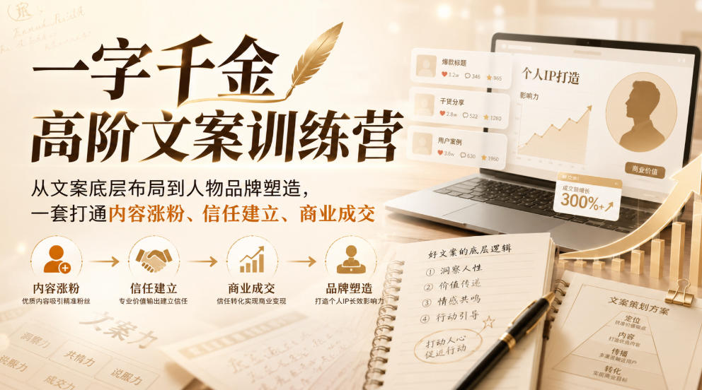 一字千金高阶文案训练营，从文案底层布局到人物品牌塑造，一套打通内容涨粉、信任建立、商业成交-丁七哥资源站