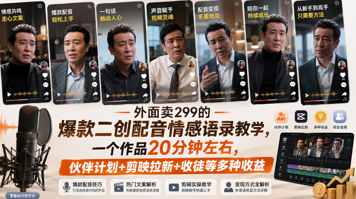 外面卖299的爆款二创配音情感语录教学，一个作品20分钟左右，伙伴计划+剪映拉新+收徒等多种收益-丁七哥资源站