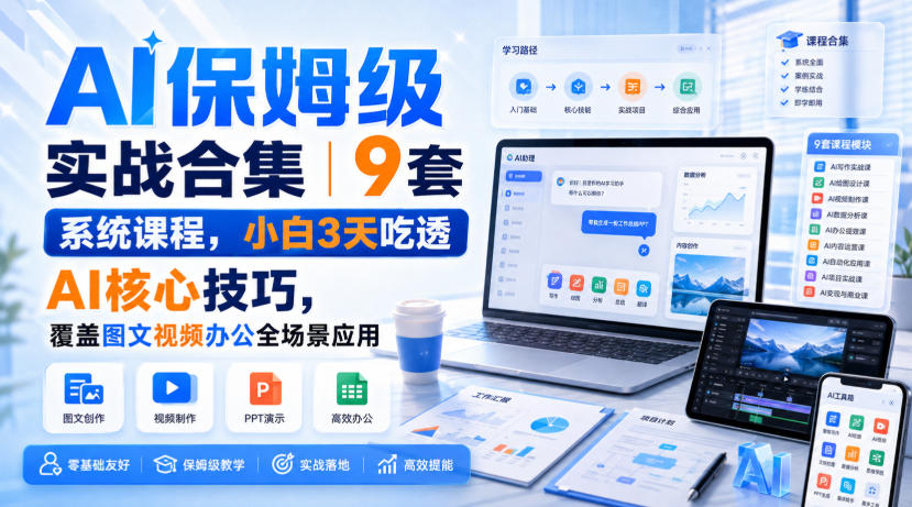 AI保姆级实战合集｜9套系统课程，小白3天吃透AI核心技巧，覆盖图文视频办公全场景应用-丁七哥资源站
