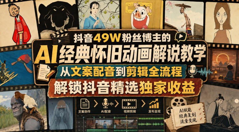 抖音49W粉丝博主的AI经典怀旧动画解说教学，从文案配音到剪辑全流程，解锁抖音精选独家收益-丁七哥资源站