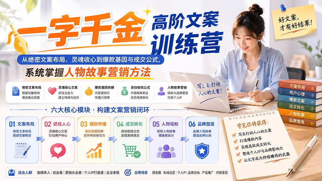 一字千金高阶文案训练营：从绝密文案布局、灵魂收心到爆款基因与成交公式，系统掌握人物故事营销方法-丁七哥资源站