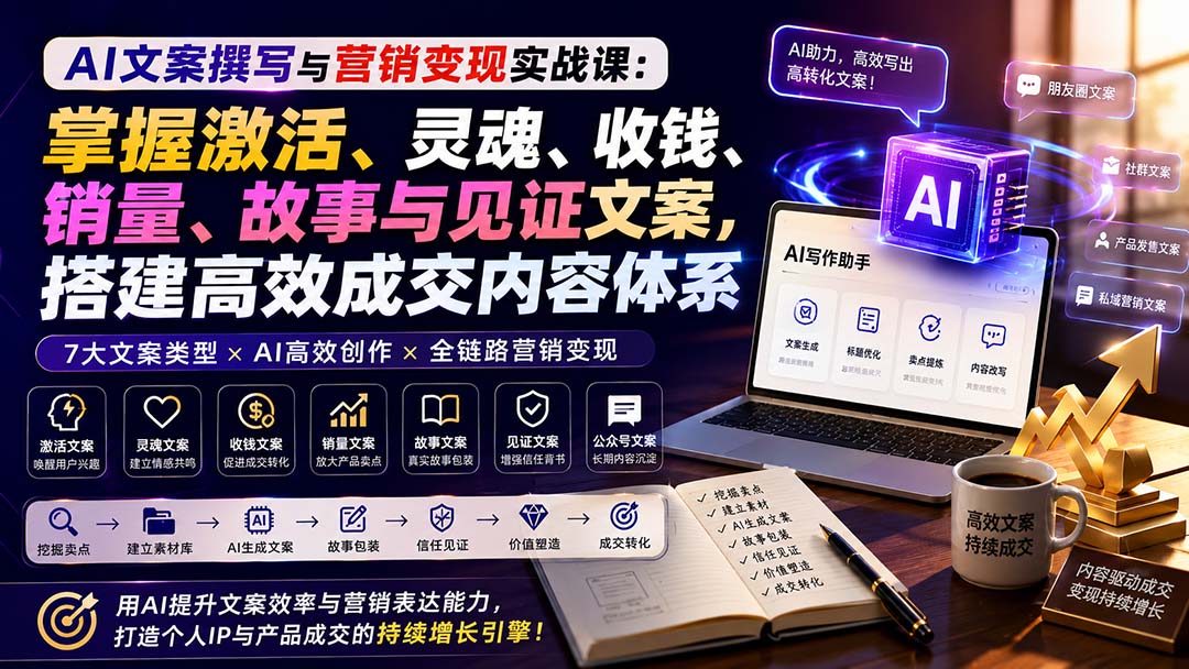 AI文案撰写与营销变现实战课：掌握激活、灵魂、收钱、销量、故事与见证文案，搭建高效成交内容体系-丁七哥资源站