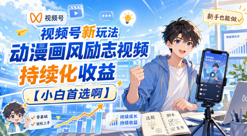 视频号新玩法动漫画风励志视频，持续化收益【小白首选啊】-丁七哥资源站