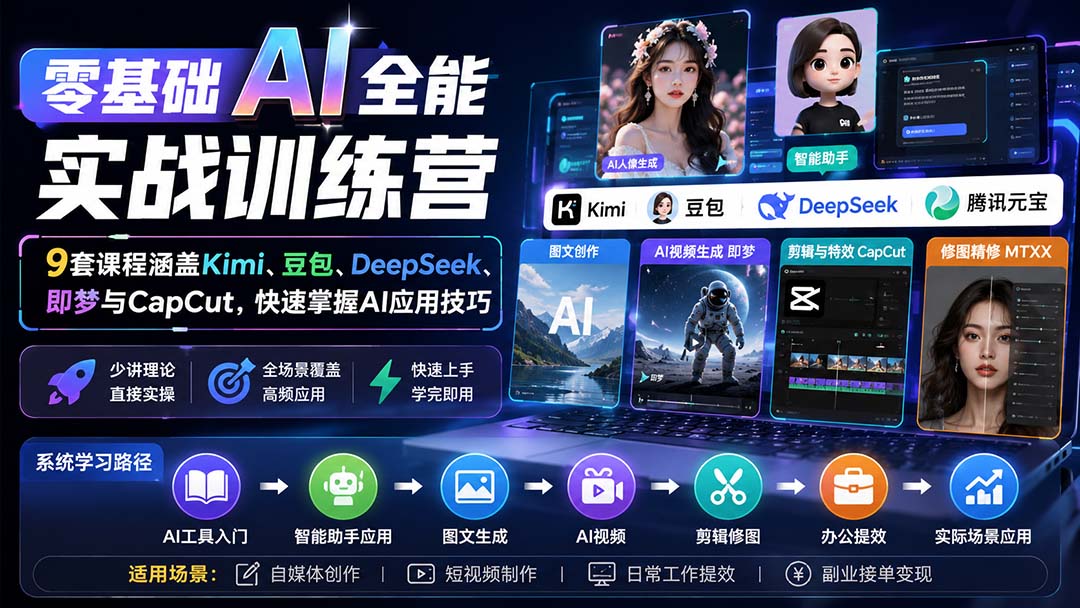 零基础AI全能实战训练营：9套课程涵盖Kimi、豆包、DeepSeek、即梦与CapCut，快速掌握AI应用技巧-丁七哥资源站