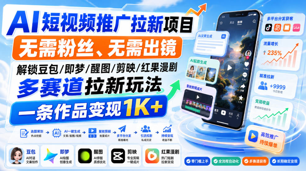 AI短视频推广拉新项目，无需粉丝、无需出镜，解锁豆包/即梦/醒图/剪映/红果漫剧多赛道拉新玩法，一条作品变现1K+-丁七哥资源站