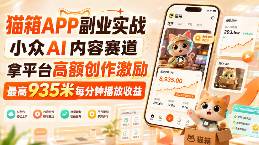 猫箱APP副业实战，小众AI内容赛道，拿平台高额创作激励，最高935米每分钟播放收益-丁七哥资源站