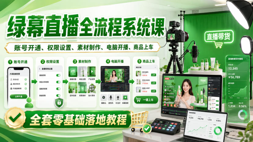 绿幕直播全流程系统课，账号开通、权限设置、素材制作、电脑开播、商品上车全套零基础落地教程-丁七哥资源站