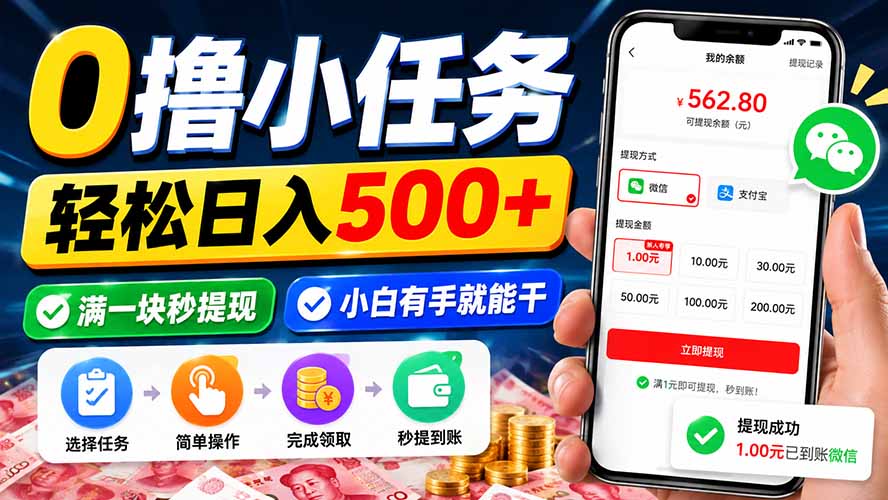 0撸小任务，轻松日入500+，满一块秒提现，小白有手就能干-丁七哥资源站