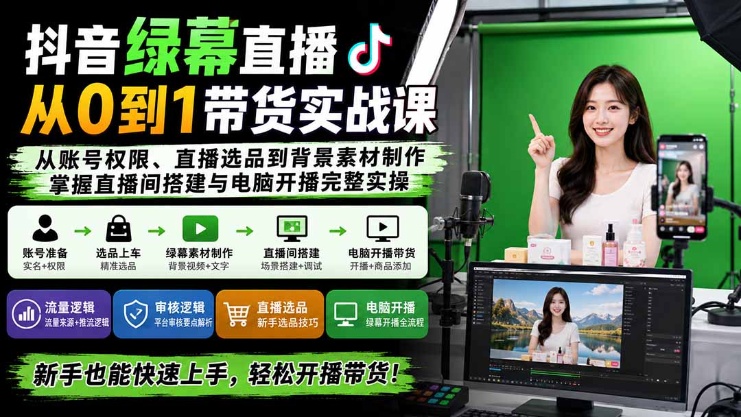 抖音绿幕直播从0到1带货实战课：从账号权限、直播选品到背景素材制作，掌握直播间搭建与电脑开播完整实操-丁七哥资源站